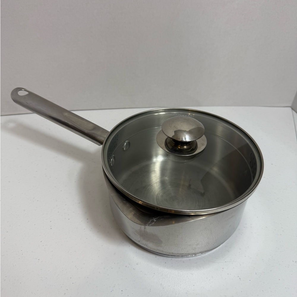 WearEver Stainless Steel 2 Qt Saucepan with Double Pour Spouts & Strainer Lid